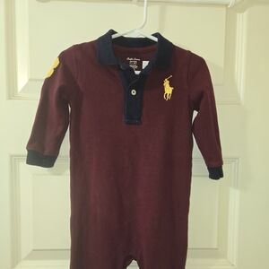 Ralph Lauren Burgundy Baby Footie with Navy Collar and Yellow Polo Emblem